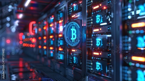 A futuristic bank vault filled with rows of glowing servers, each one secured with a holographic bitcoin symbol. photo