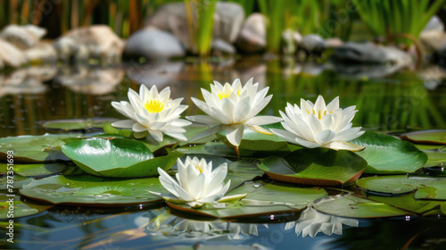 Clean pond with water lilies and lilies on the shore