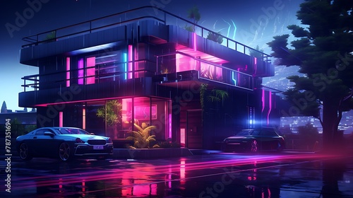 an image of a house painted with neon colors and futuristic elements by AI artists  transforming it into a cyberpunk masterpiece