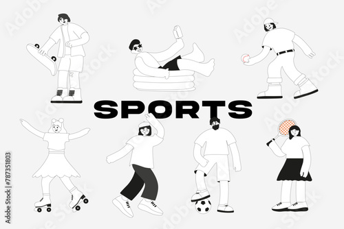 Set of cartoon sports characters, flat vector sport hobbies, football, baseball, badminton, rollerblading, skateboarding