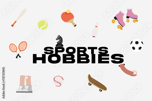 Sports equipment icons. Sport concept with balls and gaming items. Football, rollers, baseball, chess, badminton, tennis, bowling, table tennis, skateboard flat icons