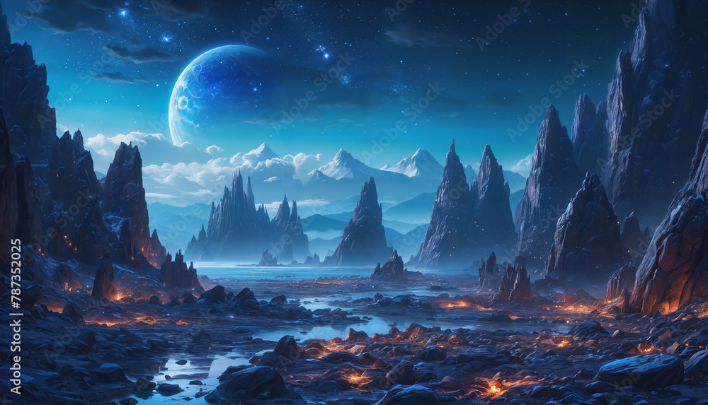 An alien landscape is filled with various rocks scattered throughout, creating a sense of depth and dimension. The mountains in the background emphasizing the vastness and beauty of the scene. - obrazy, fototapety, plakaty 