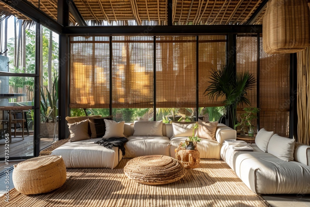 Fototapeta premium Incorporation of natural materials like rattan, jute, and reclaimed wood for an eco-friendly vibe. 