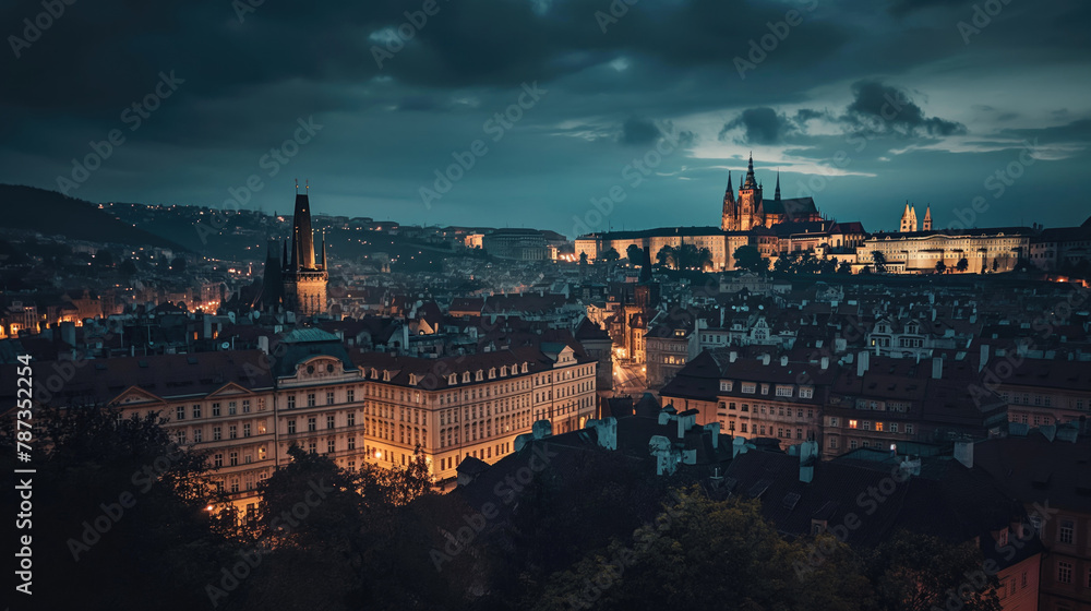 Nighttime Panorama of Prague's Historic Cityscape