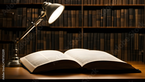 Modern study design, with desk lamps and open books placed on the desk for learning in the library