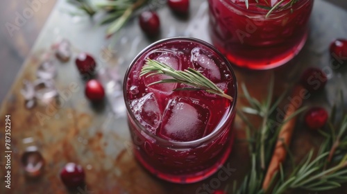 Two Glasses of Cranberry Punch With Rosemary Garnish