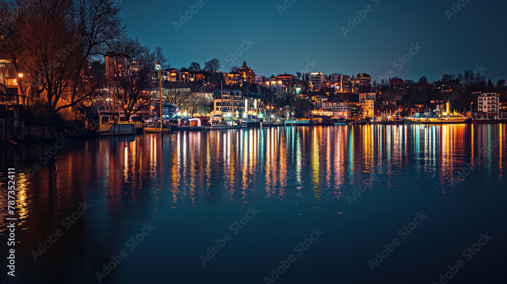 Night View Over Bay and City Lights Reflecting on Water, Urban Skyline and Bridge in Evening Dusk Night View Over Bay and City Lights Reflecting on Water, Urban Skyline and Bridge in Evening Dusk