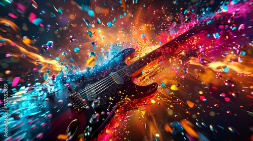 rock music instruments exploding with colorful splash, generative Ai