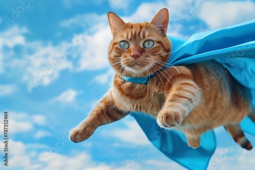 A cat wearing a blue superhero costume is flying through the sky © antusher