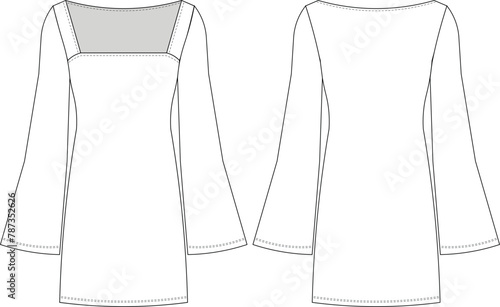 square neck kimono bell long sleeve pencil straight short dress template technical drawing flat sketch cad mockup fashion woman design style model
