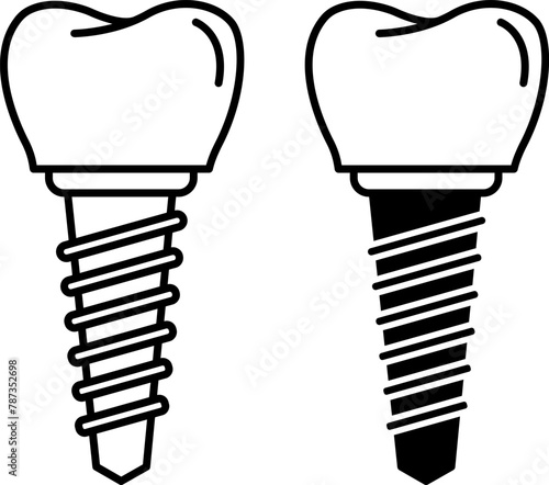 Implant icons. Black and White Vector Dental Implants Icons. Dental Surgery. Dental restoration. Medicine Concept