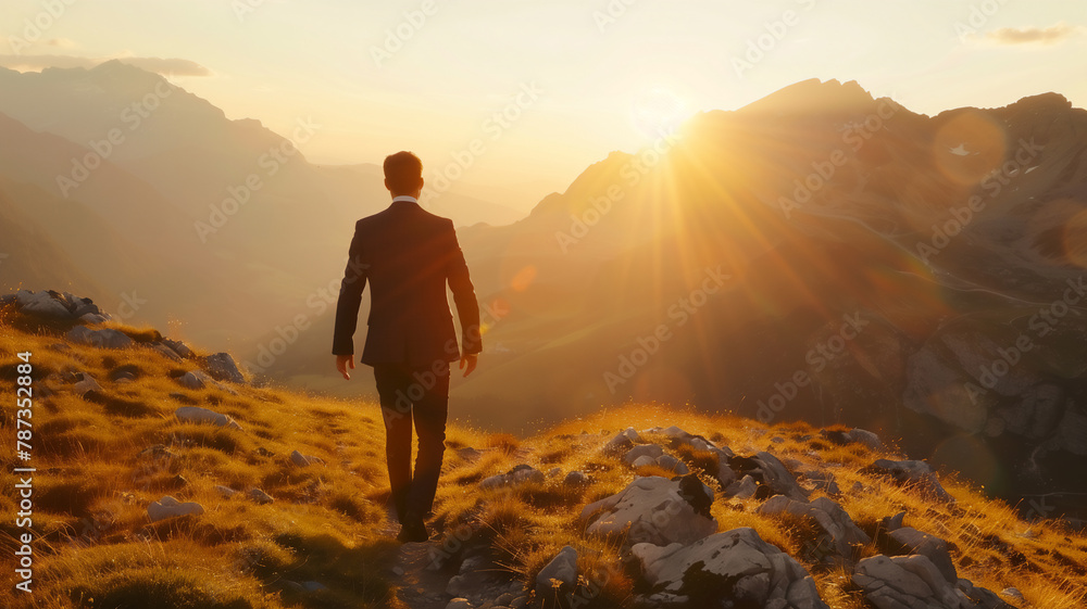 A businessman standing on top of a mountain ,Life goal concept success in life concept. A businessman standing on top of a mountain ,Life goal concept success in life concept.