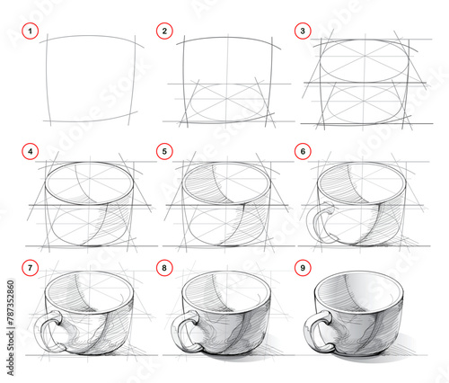 Page shows how to learn to draw from life sketch of a teacup. Pencil drawing lessons. Educational page for artists. Development of artistic abilities. Online education. Hand drawn vector illustration