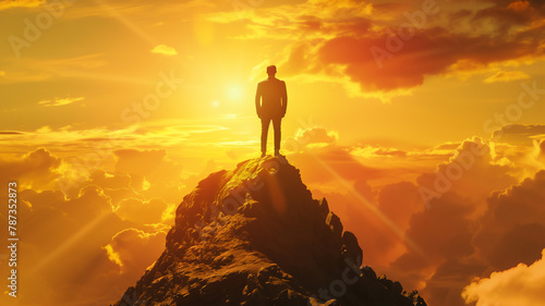 A businessman standing on top of a mountain ,Life goal concept success in life concept.