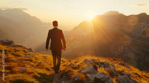 A businessman standing on top of a mountain  Life goal concept success in life concept.