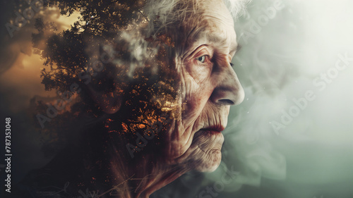 Surreal depressed elder man suffered from mental illness,bipolar disorder,stressed,anxiety,mental illness concept...