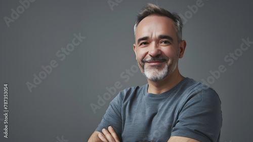 Relaxed attractive smiling middleaged man with rolled up sleeves posing against a grey studio background with copy space : Generative AI photo