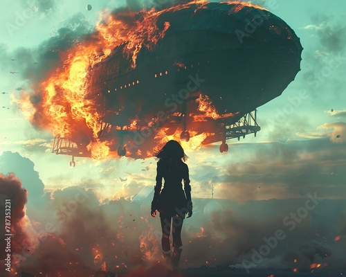Amidst a fiery zeppelin attack, a resilient figure stands tall, their silhouette outlined against the serene light blue sky , hyper realistic