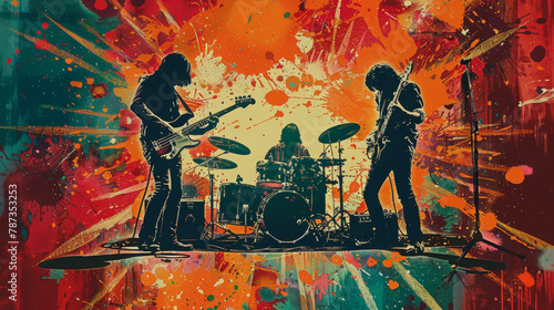 Silhouetted band performing on stage with vibrant abstract splatter art background in a retro poster style © InkCrafts