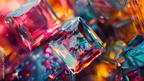 A macro shot of a colorful gemstone with a complex crystalline structure, resembling a blockchain cube on a microscopic level.