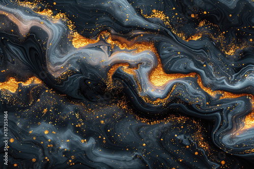  A dark blue and gold marble pattern with fluid lines, resembling flowing water in an abstract style. Created with Ai