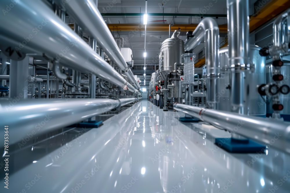 Low-angle view of shiny industrial pipelines in a factory with a maze of equipment and reflections Low-angle view of shiny industrial pipelines in a factory with a maze of equipment and reflections