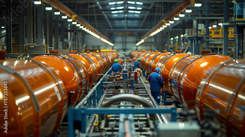 Technicians in safety gear inspecting large cylindrical machinery at an industrial manufacturing plant photo