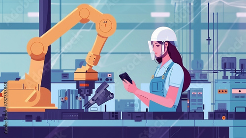 Worker woman wearing a security hemet working in a modern factory with a robotic arm and phone,controlling  automation in industry, human working with automated machines photo