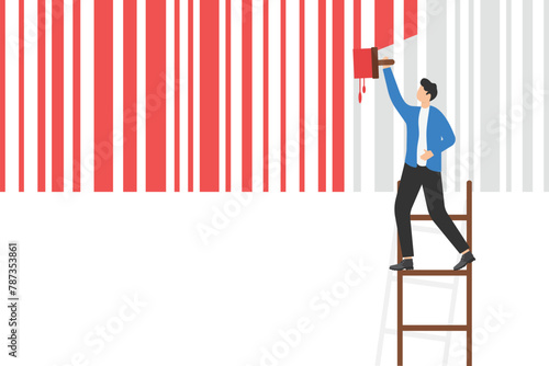Businessman painting barcode, concept of rebranding as marketing strategy, change of brand identity corporate image, trademark, flat vector illustration

