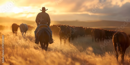 The image depicts a cowboy riding through a field, herding cattle during the golden, warm light of sunset