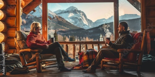 A cozy cabin scene with a couple relaxing on a porch with mountain views and hot drinks.  photo