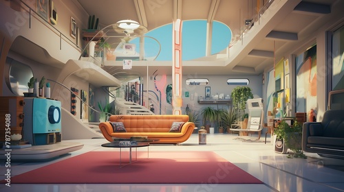 a house being painted in a retro-futuristic style, where AI artists draw inspiration from old sci-fi novels and movies