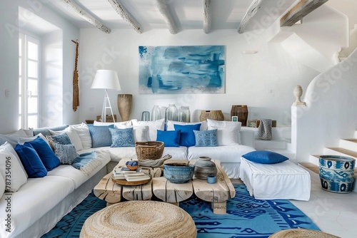 White walls and blue accents evoke a serene coastal atmosphere in the Spanish seafront apartment. photo