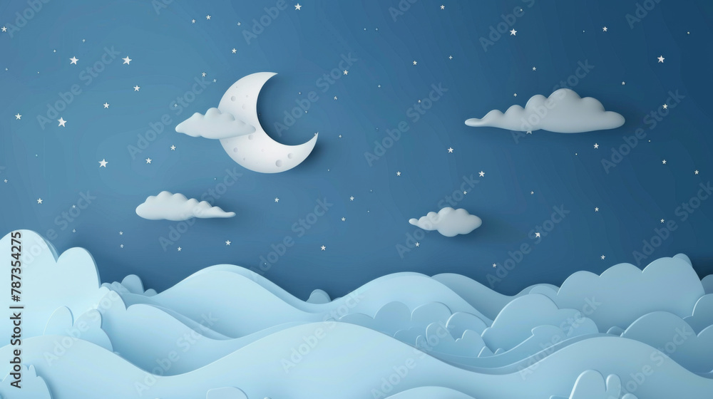 A serene night scene with a stylized crescent moon and stars scattered over snow-covered hills and fluffy clouds.