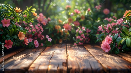 Wooden table and Flowers and plants