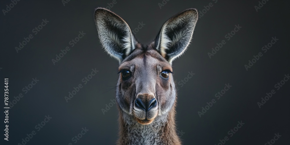 An intimate portrait of a kangaroo, showing detailed facial features against a dark background