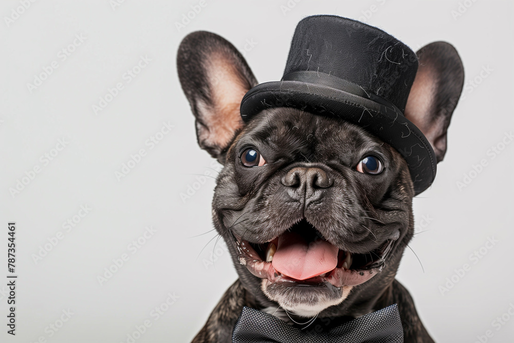 A dog wearing a top hat and a bow tie. The dog has a serious expression on its face