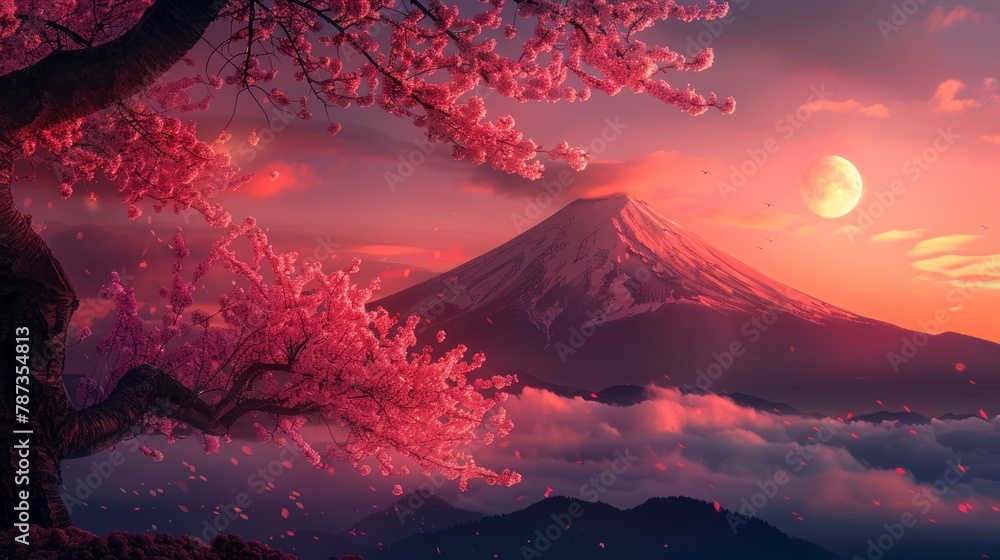 Beautiful sunset of Mount Fuji in Japan with a pink sakura tree in high resolution and high quality. concept landscapes, sunset, japan - obrazy, fototapety, plakaty 