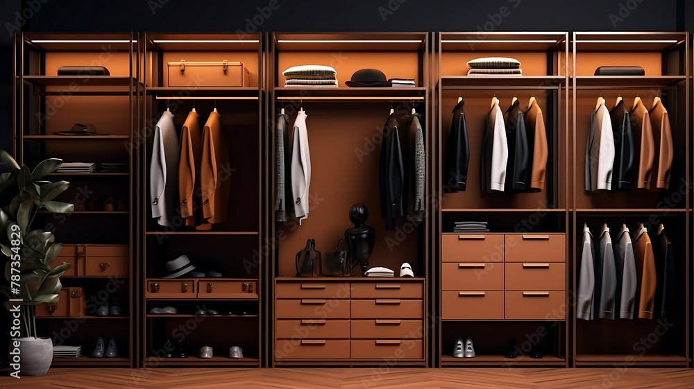 Wardrobe with black and brown furniture, Computer digital drawing. Wardrobe with black and brown furniture, Computer digital drawing.
