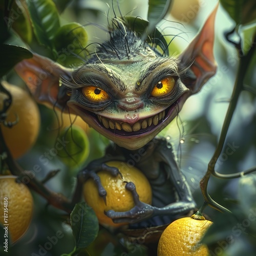 A mischievous imp with yellow eyes and a wicked grin, causing trouble in the lemon grove where the fairies dance at night , Prime Lenses