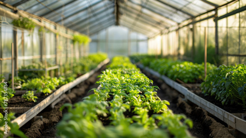 Greenhouses with growing vegetables and green bushes