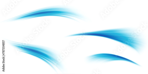 Set of blue air flow wave effects. Design element to visualize the flow of air or water. Isolated on white background.