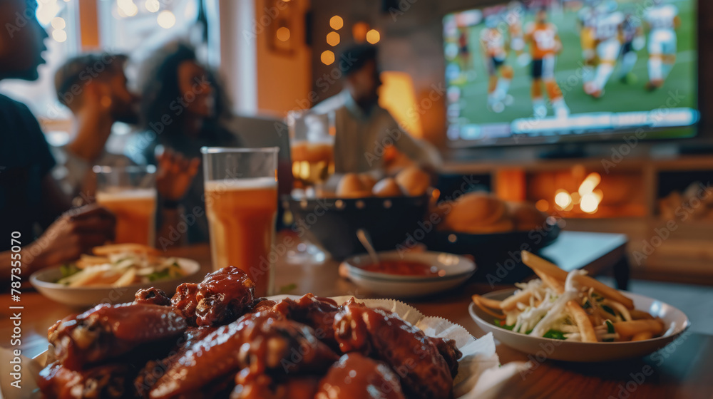Group of friends gathered to watch a sporting event. They ordered chicken wings Group of friends gathered to watch a sporting event. They ordered chicken wings