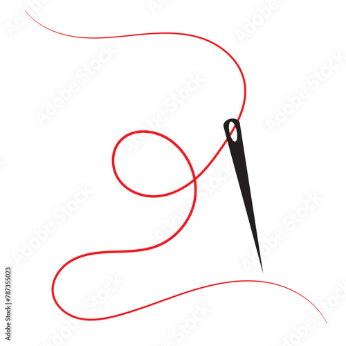 Sewing needle with a long red thread.Vector needle icon on a white background.Vector illustration