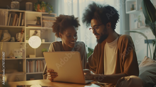 Young multiracial couple doing online banking together at home   Generative AI