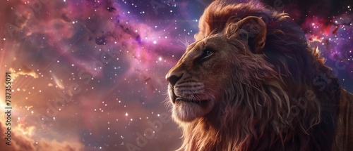 Capture the regal essence of a majestic lion in detailed photorealistic CG, set against a vibrant cosmic backdrop, invoking awe and power photo