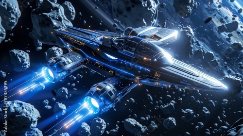 A sleek chrome spaceship with glowing blue engines soaring through a field of asteroids.3D rendering.