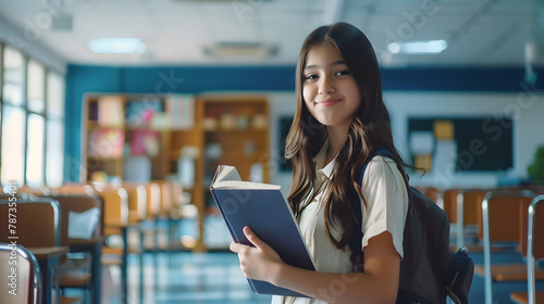Portrait of smiling smart teenage girl holding book looking at camera standing in modern classroom copy space Back to school education concept : Generative AI photo