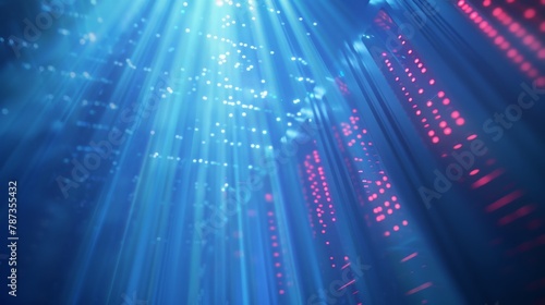 A photorealistic image of a server bank bathed in a soft blue light, with data streams flowing upwards like rays of sunshine, symbolizing the power and efficiency of cloud computing.