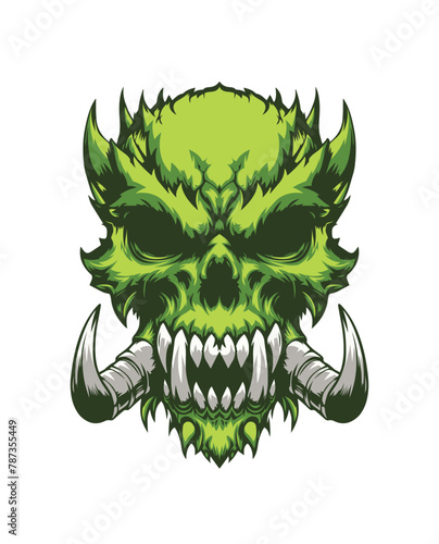 Angry green skull head orc warrior with big fang, vintage retro color, mascot, t shirt, logo, emblem artwork hand drawn illustration